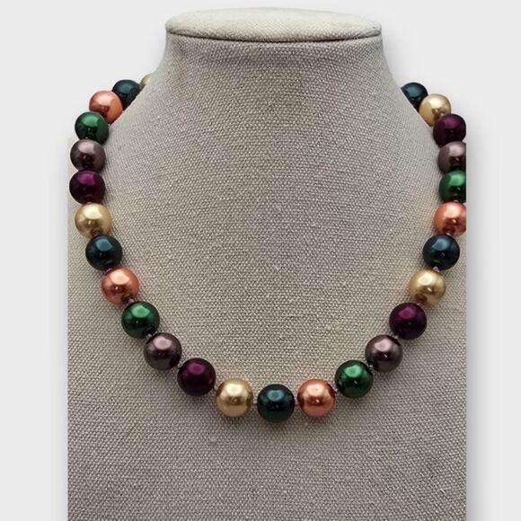 Red Gold Champagne Multi Color Pearl Beaded Statement Necklace Y2K Holiday Glam - Picture 7 of 8